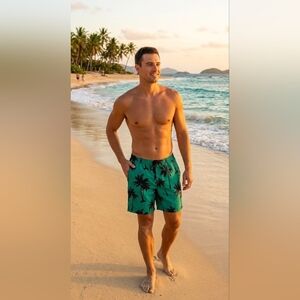 Palm Tree Print Swim Shorts - Green